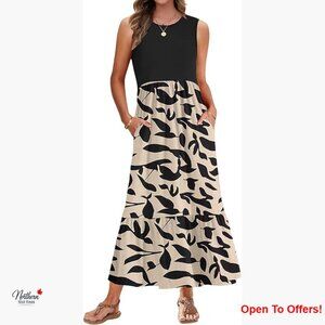 Sleeveless Crewneck Maxi Dress with Pockets, Empire Waist